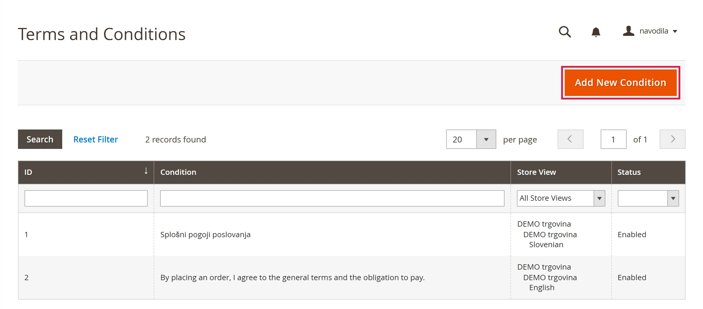 The list of terms and conditions with the Add New Condition button