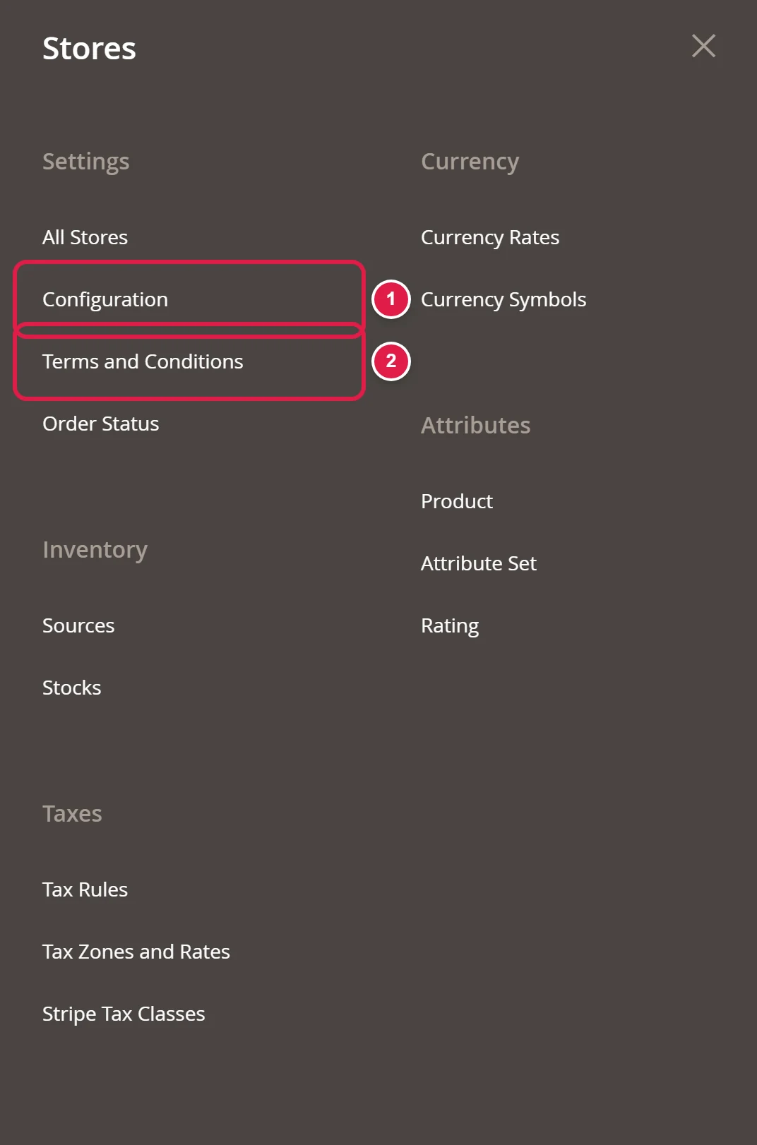 The Stores menu with Configuration and Terms and Conditions highlighted