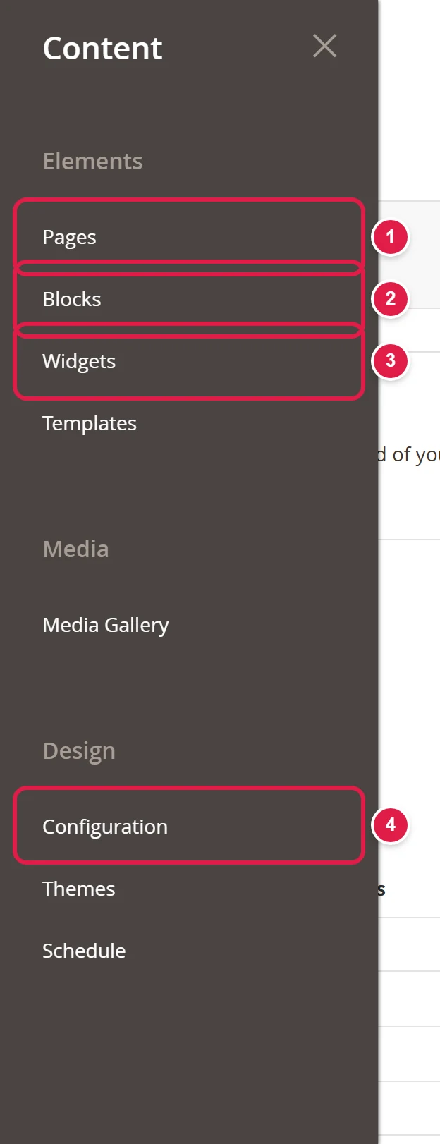The Content menu with Pages, Blocks, Widgets and Configuration highlighted