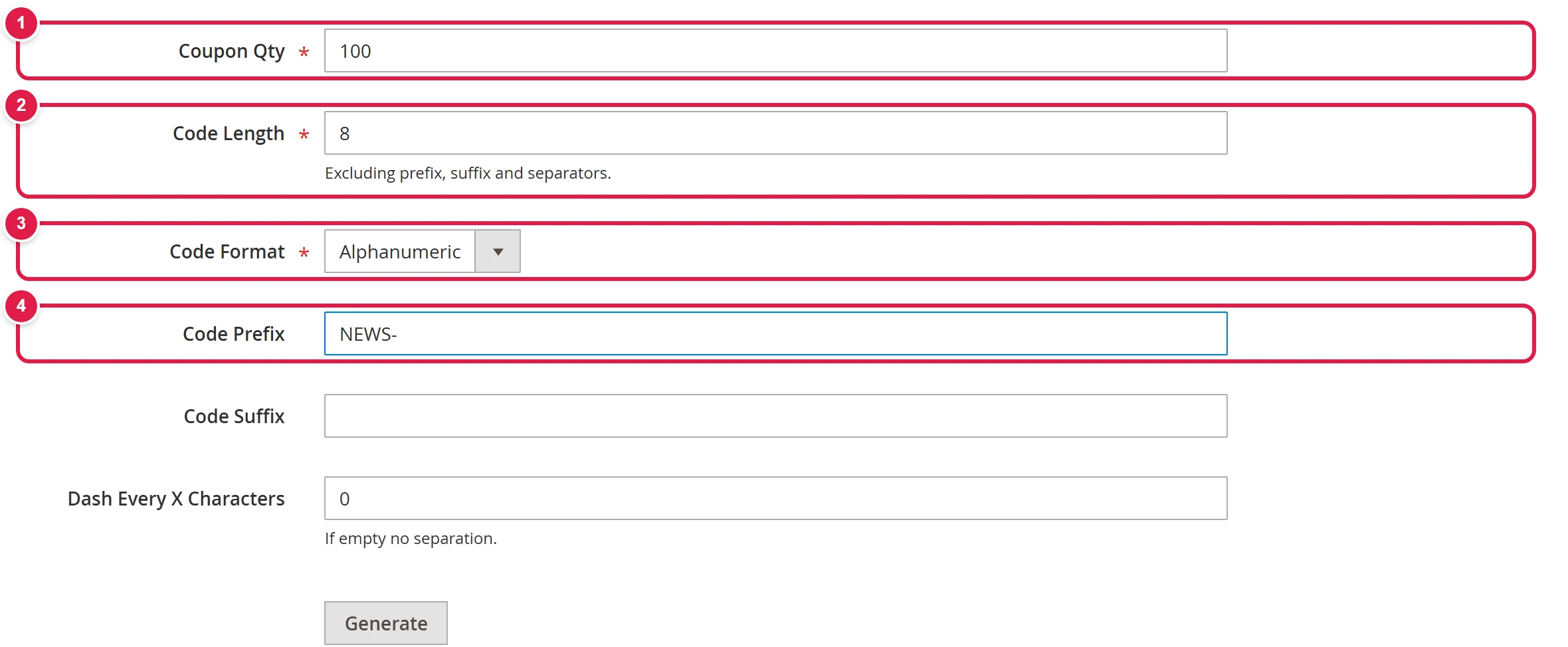 Manage Coupon Codes section with fields for quantity, length and code prefix