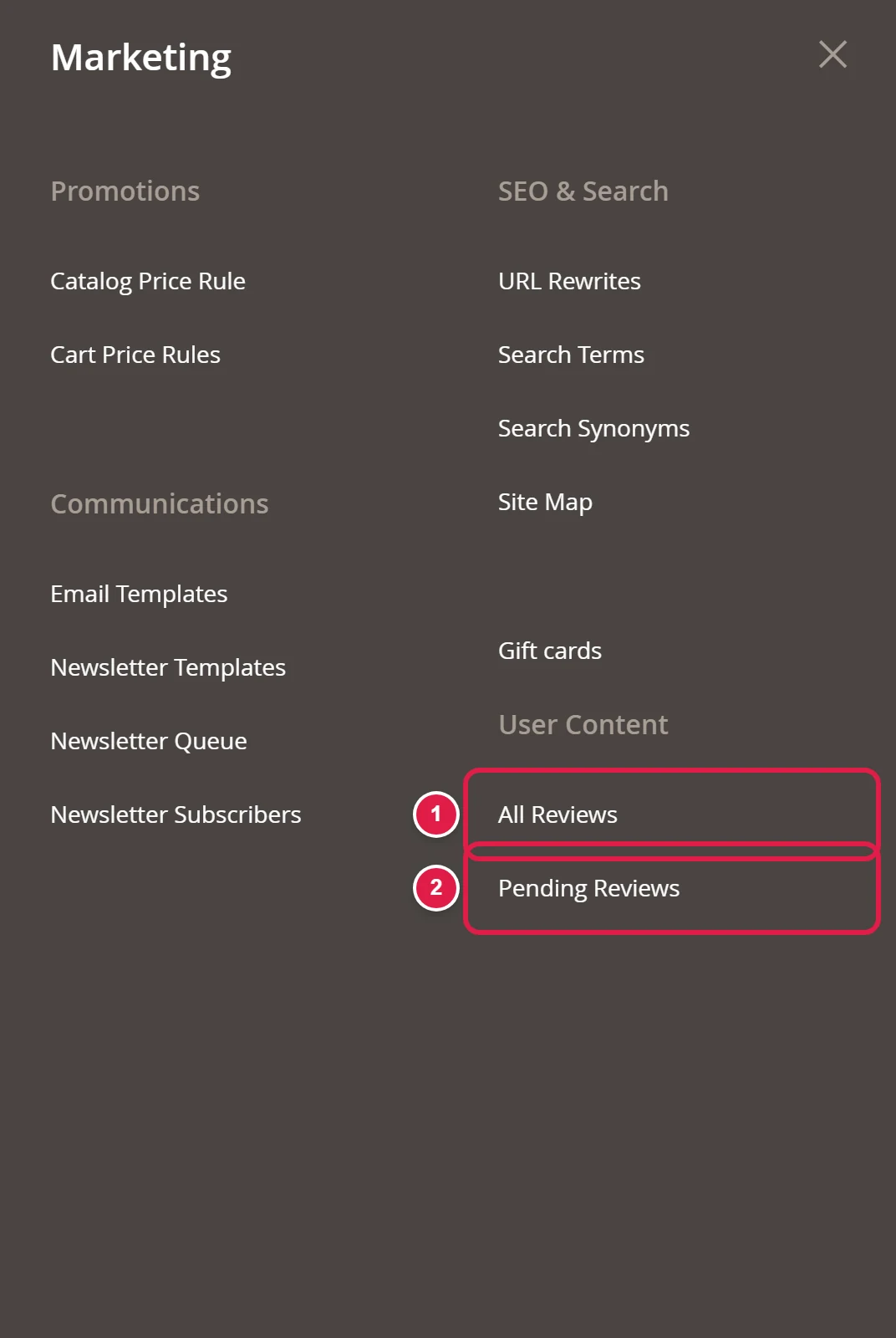The Marketing menu with All Reviews and Pending Reviews highlighted