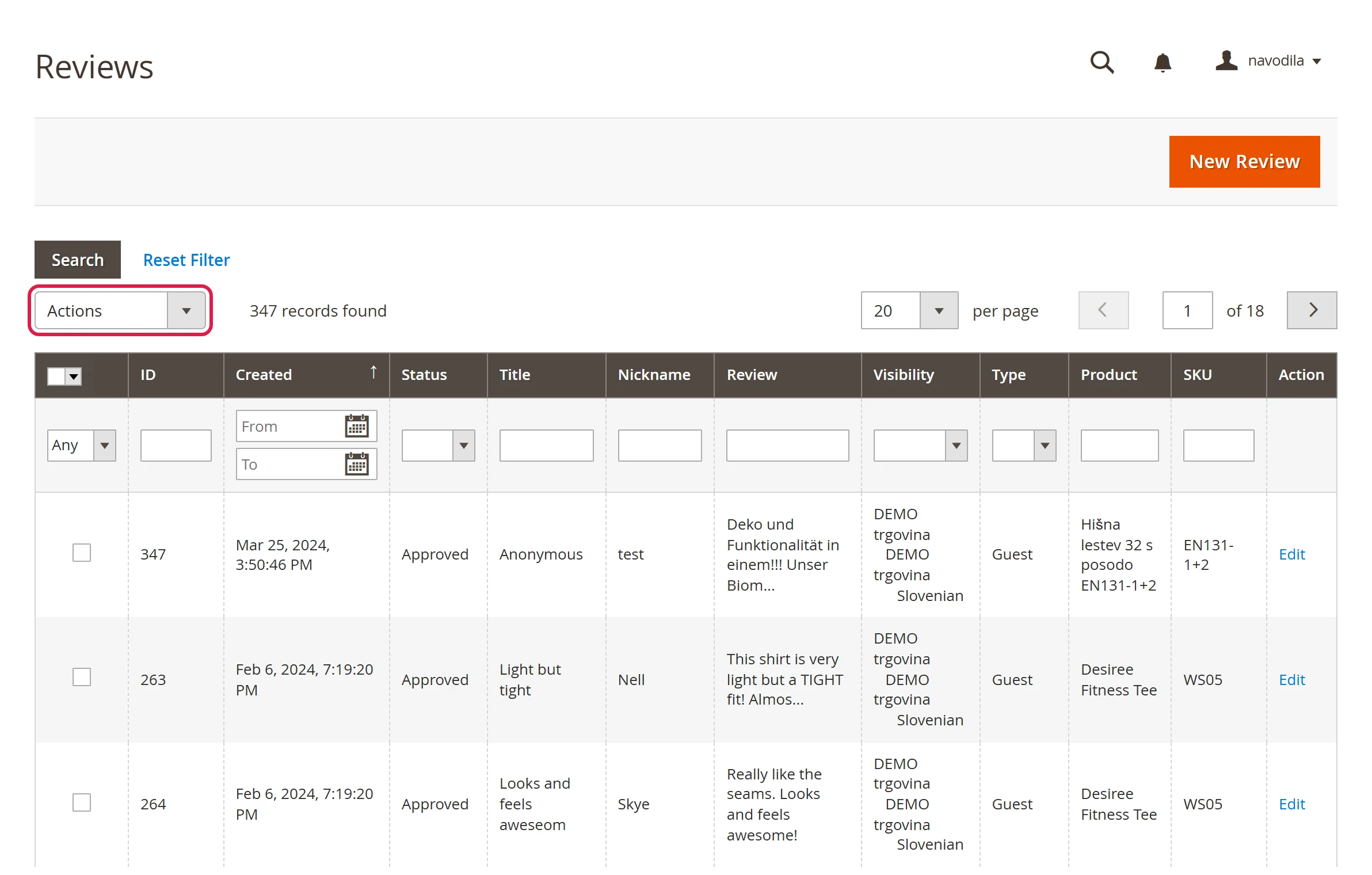 The All Reviews list with the Status column and the Actions drop-down