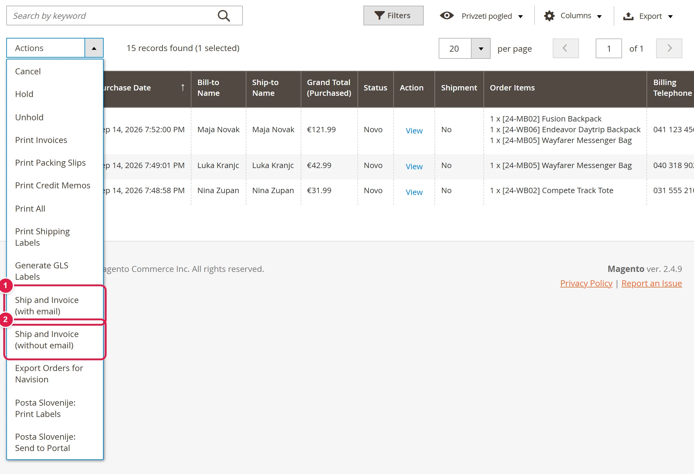 The order grid with the Actions menu open, showing the bulk shipping actions