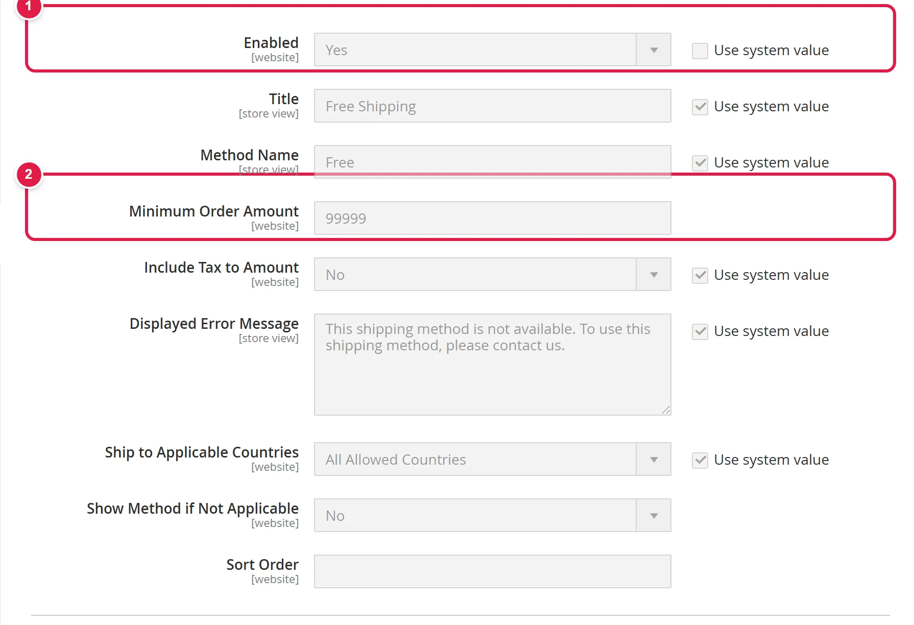 Free shipping settings