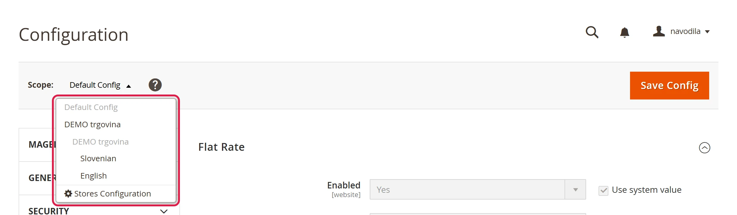 Scope switcher on the delivery methods page with Default Config, website and store views