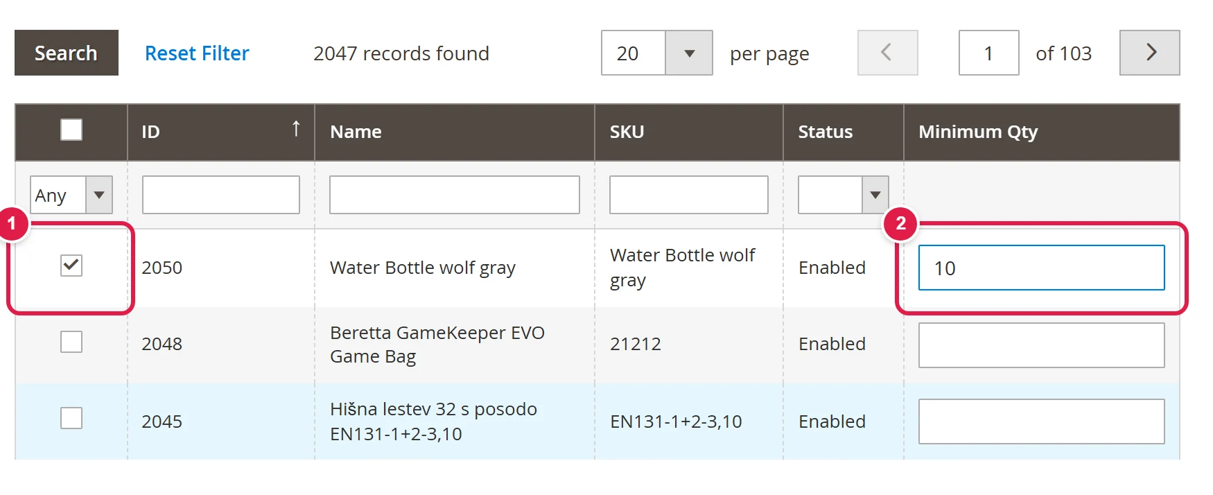 The Product Minimum Quantity tab: product list with a ticked product and an entered quantity