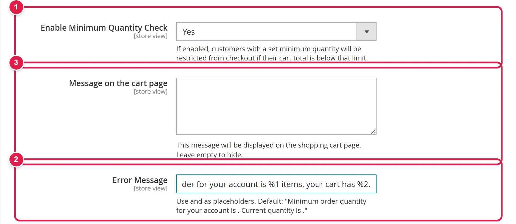 Minimum quantity general settings with the switch and the two messages
