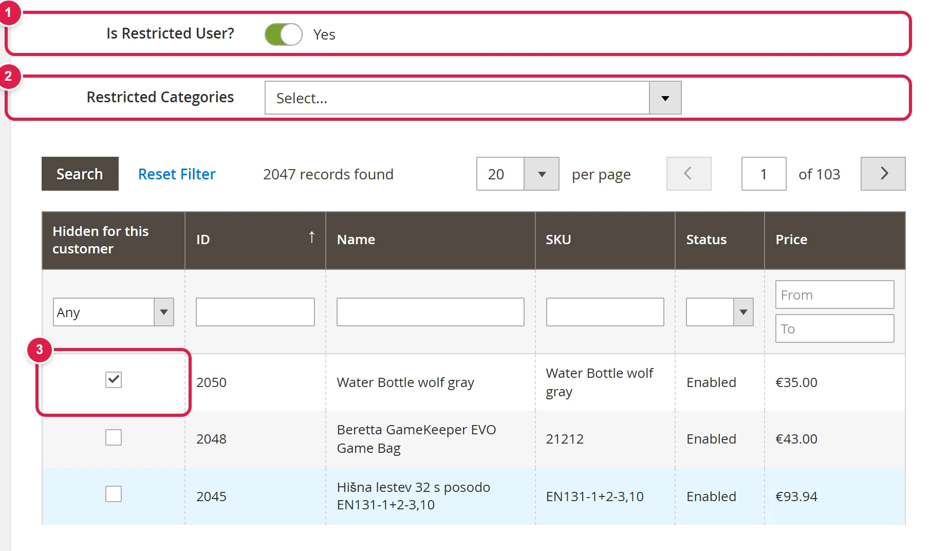 The Catalog Permissions tab on the customer: switch, category selection and product list