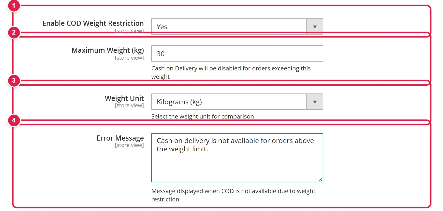 COD weight restriction settings with the switch, maximum weight, unit and message