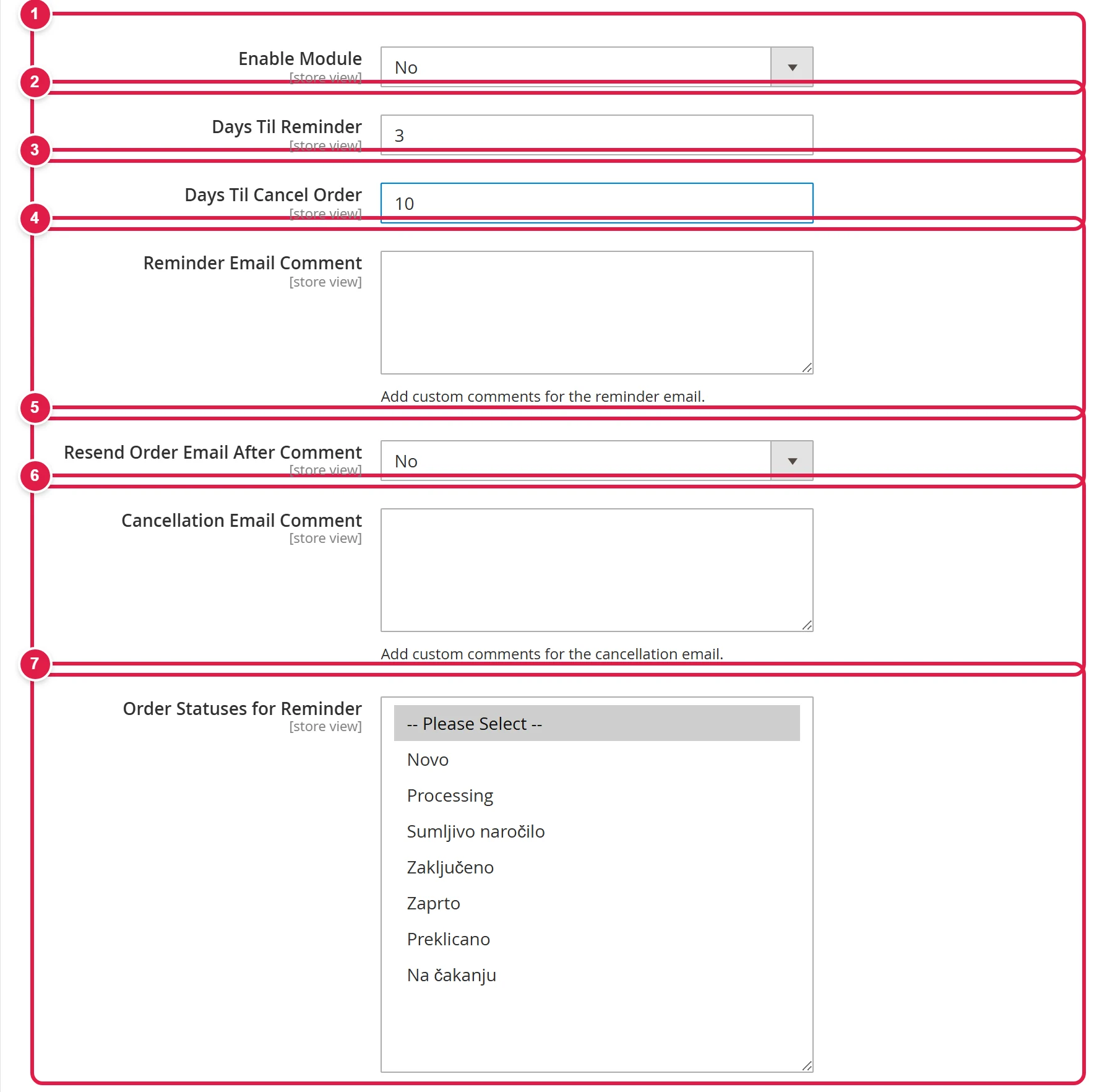 General settings of the UPN reminder: switch, days, email texts and order statuses