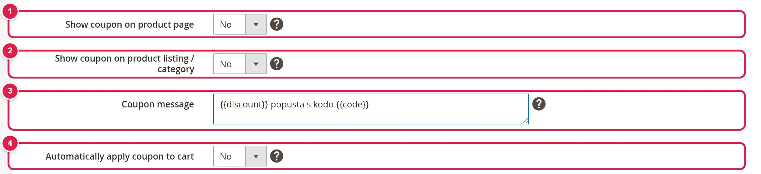 Coupon display section in the cart price rule with four settings