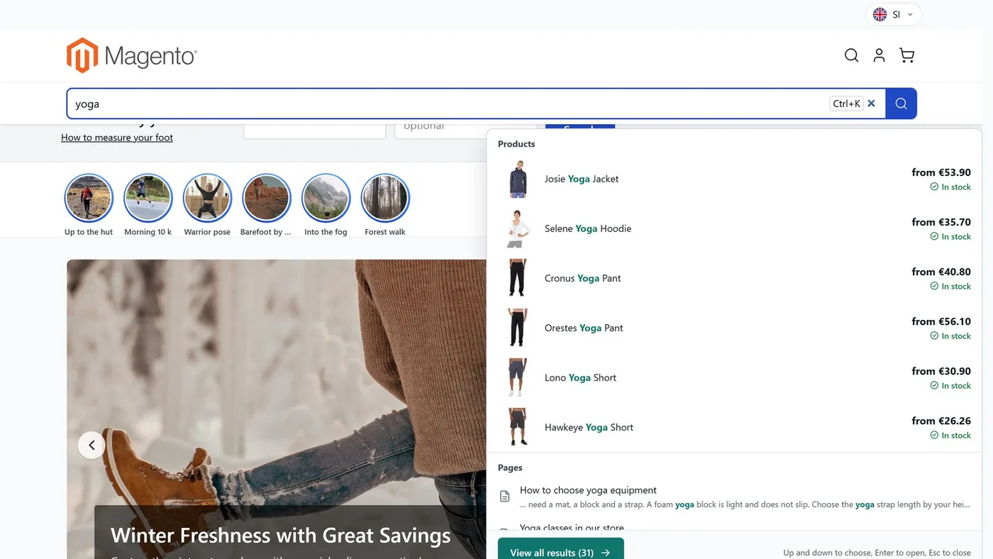 The smart search drawer while typing: products with pictures, prices and stock, pages and the button for all results