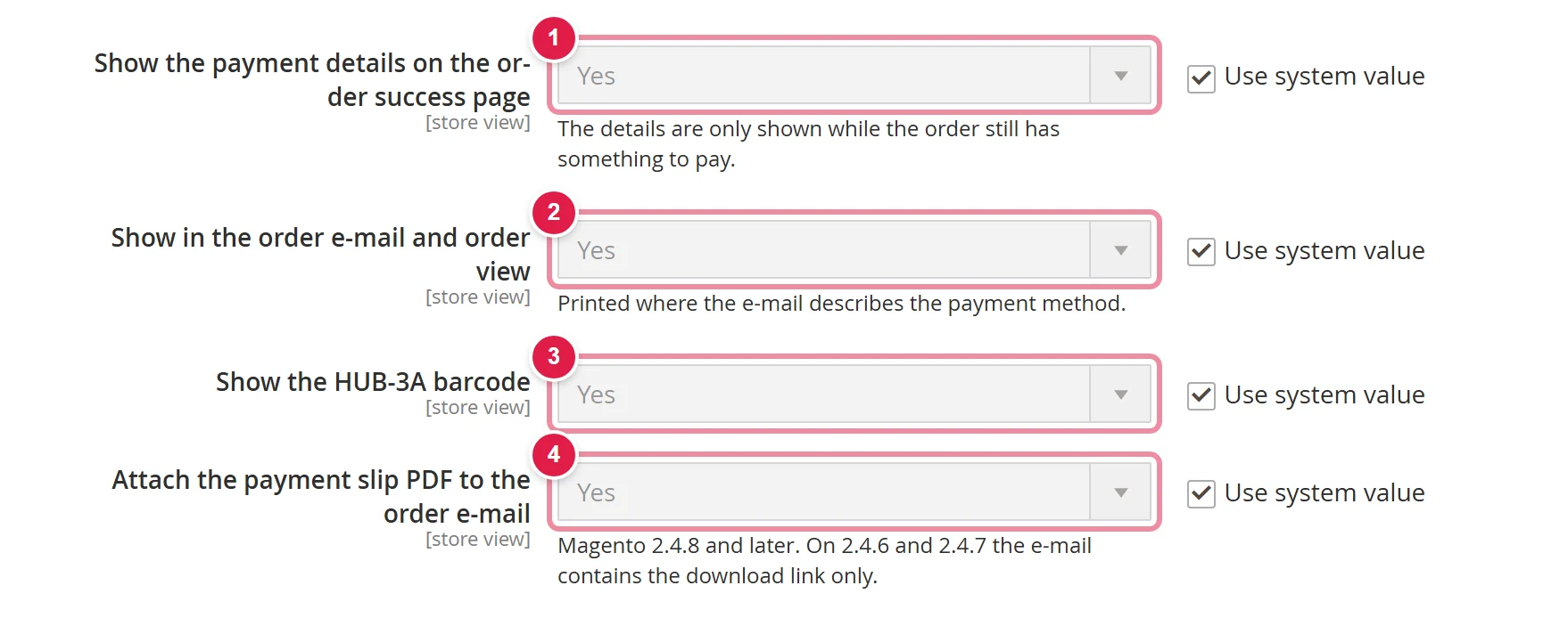 The four display settings for the HUB-3A payment details