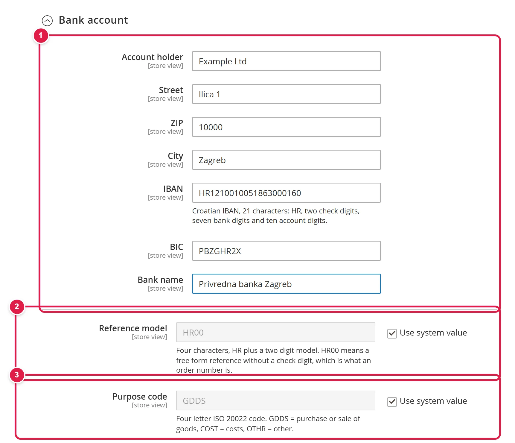 The Bank account group with the payee details and the Reference model and Purpose code fields
