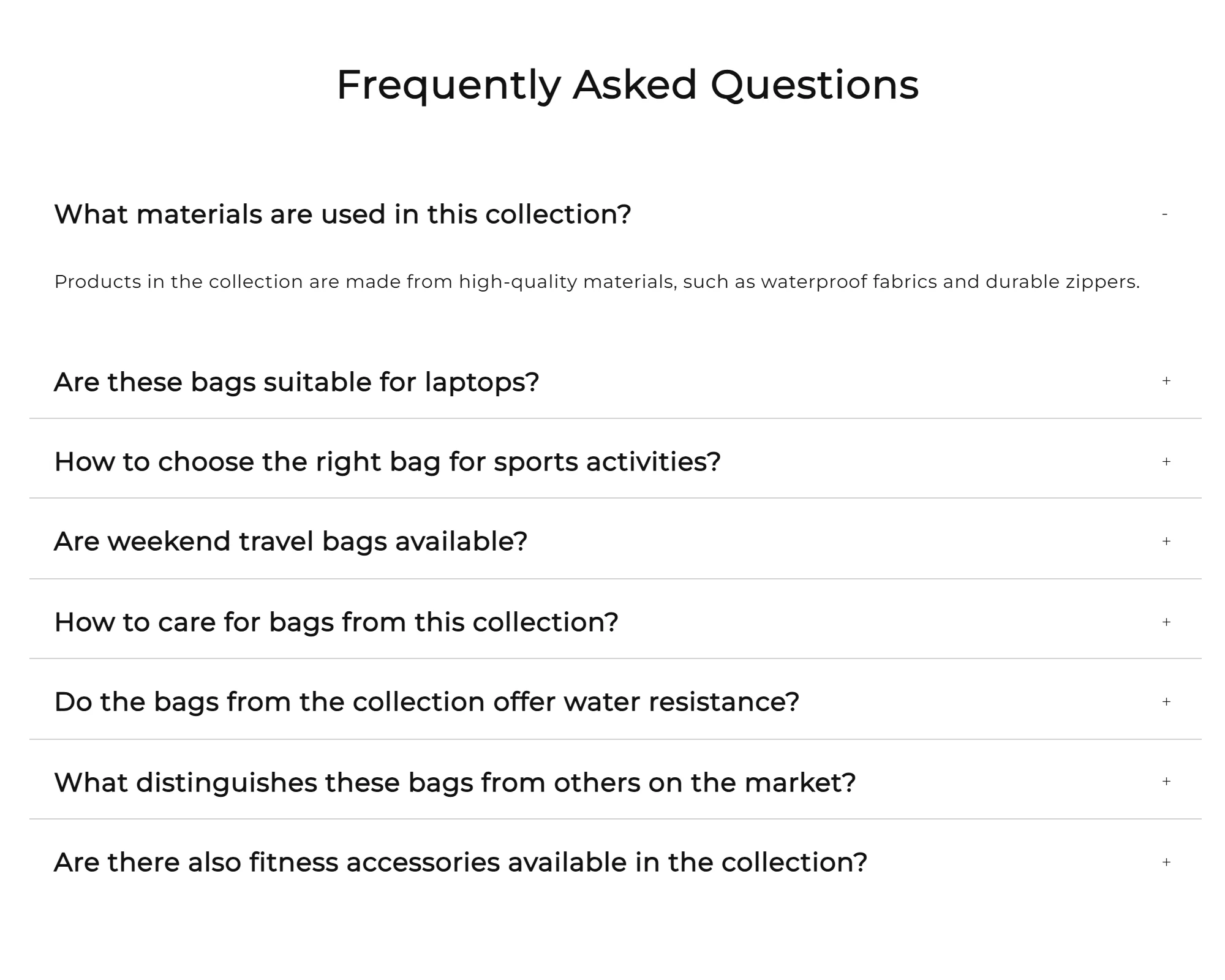 Frequently asked questions below the product list in a shop category