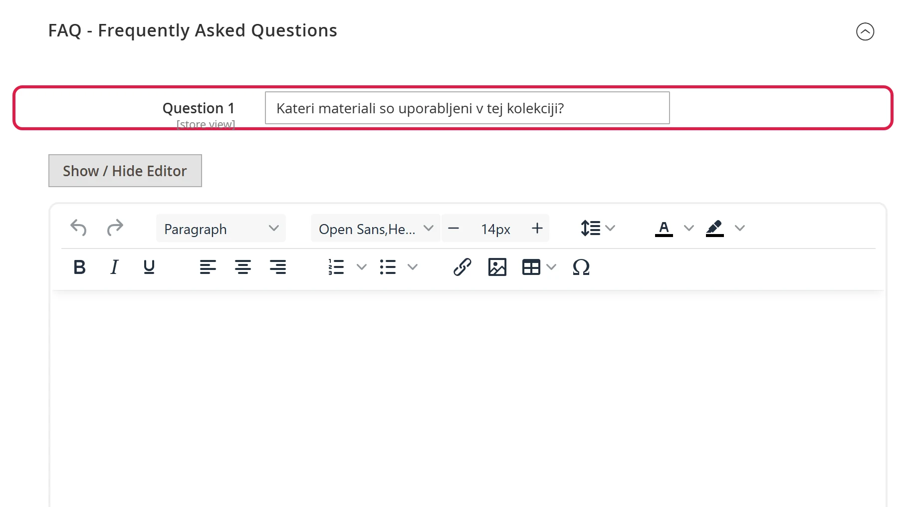 FAQ - Frequently Asked Questions section with a question field and an answer editor