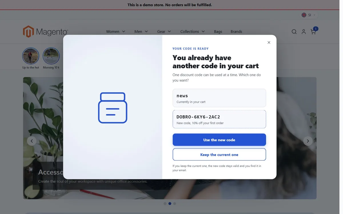 The pop-up with a choice between the code already in the cart and the new code
