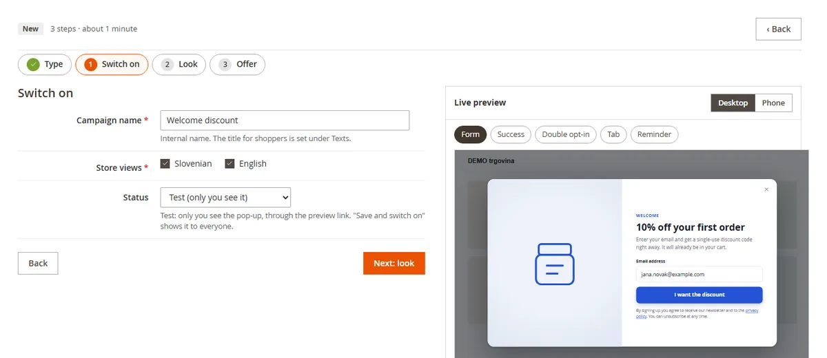 The Switch on step with the campaign name, store views and Test status, and the live preview
