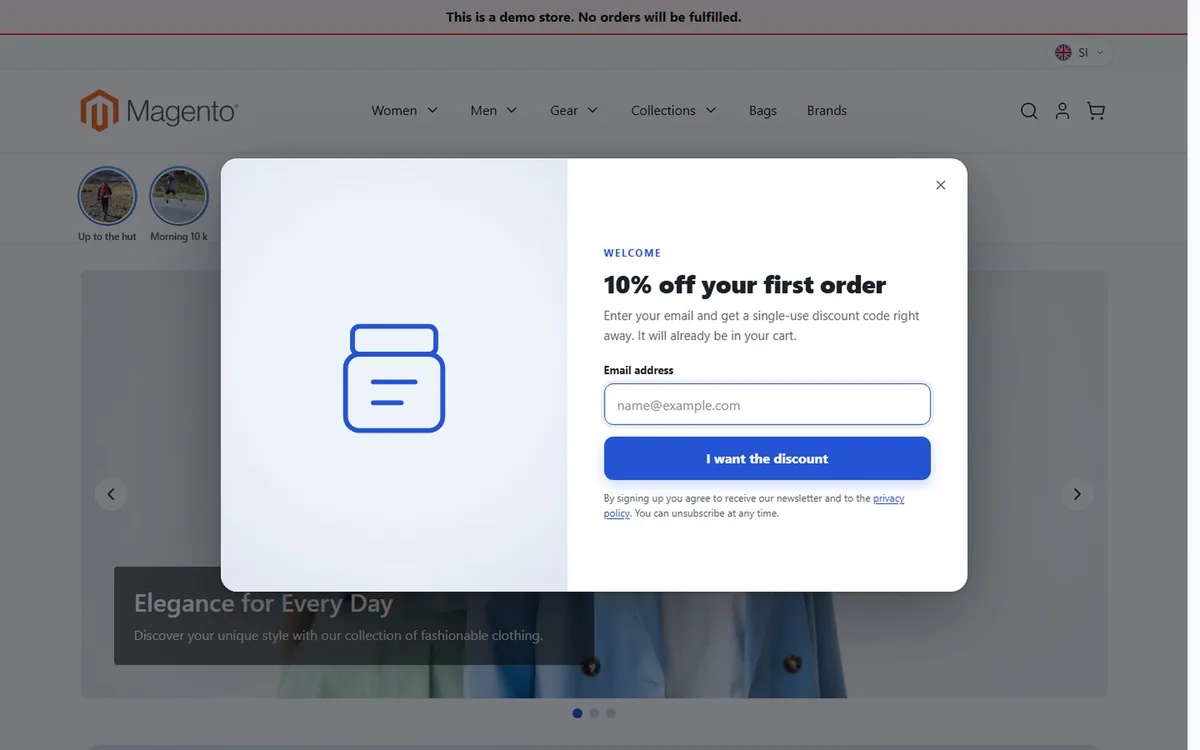 The classic discount pop-up in the store: offer, e-mail field, button and fine print