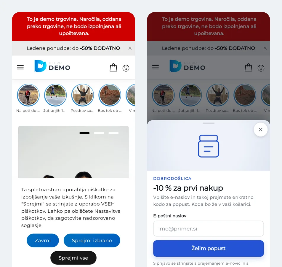 A phone: first the cookie banner, the discount pop-up only after it is answered