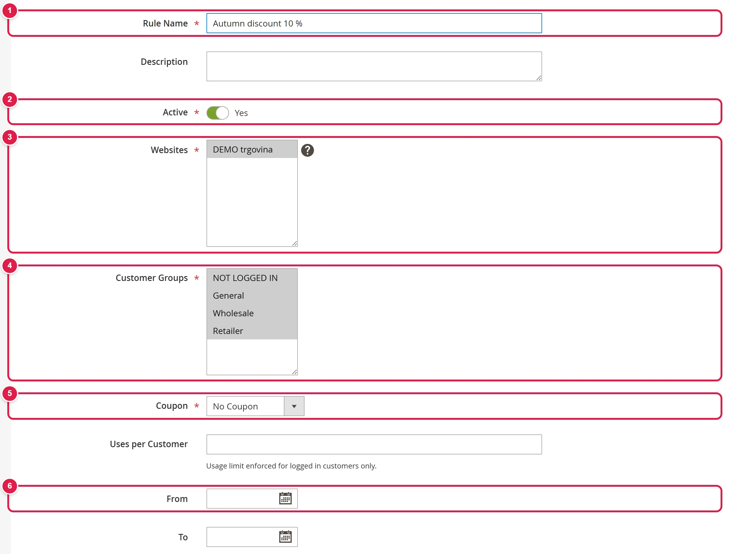 Rule Information section with the name, shop and customer groups filled in