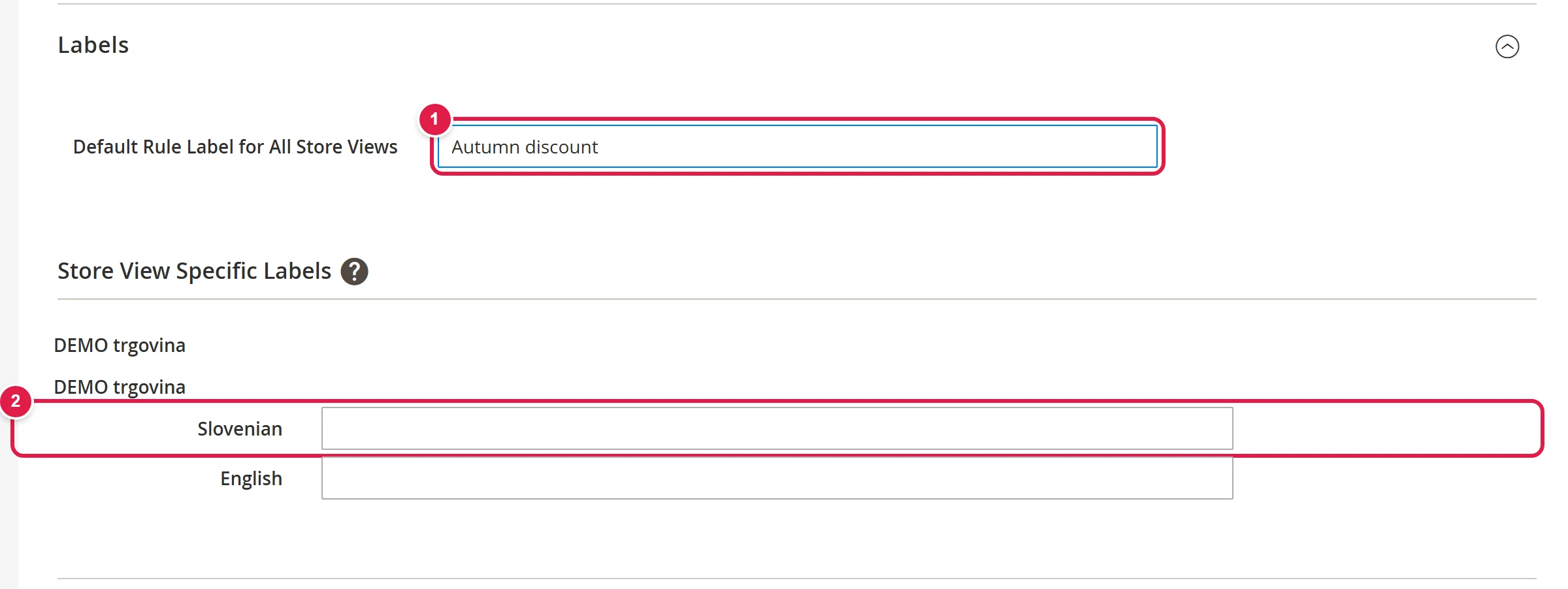 Labels section with the default label and labels for each language