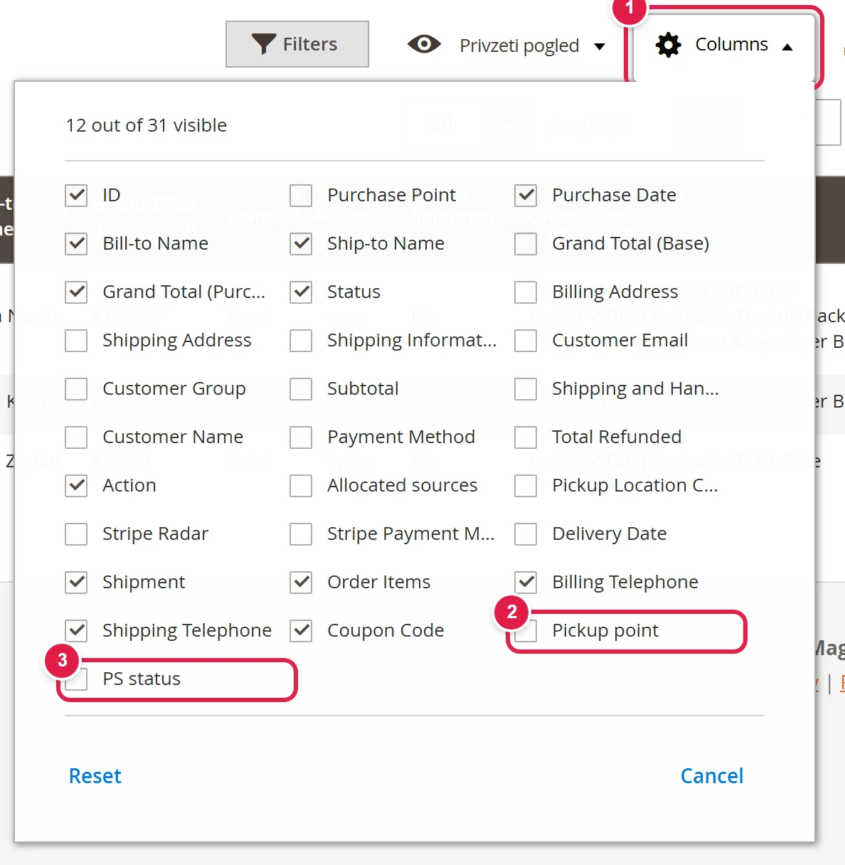 The Columns panel above the order grid with the Pickup point and PS status columns ticked