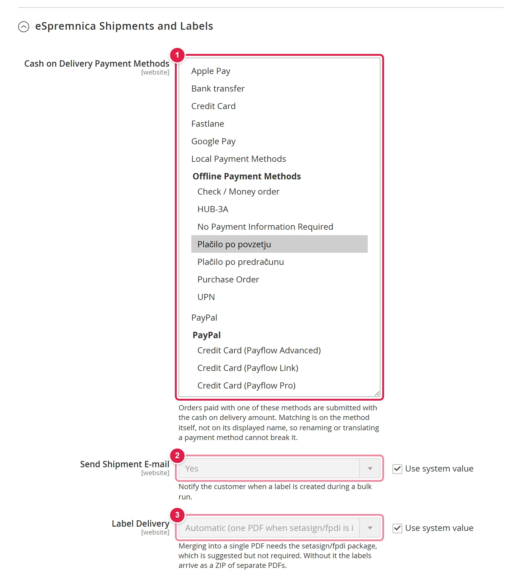 Three Pošta Slovenije label settings you manage yourself