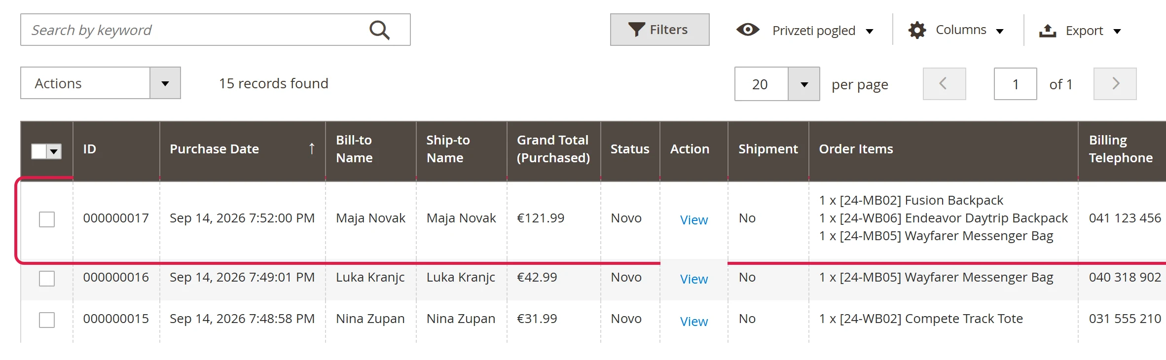 Order list in the admin with the newest order at the top