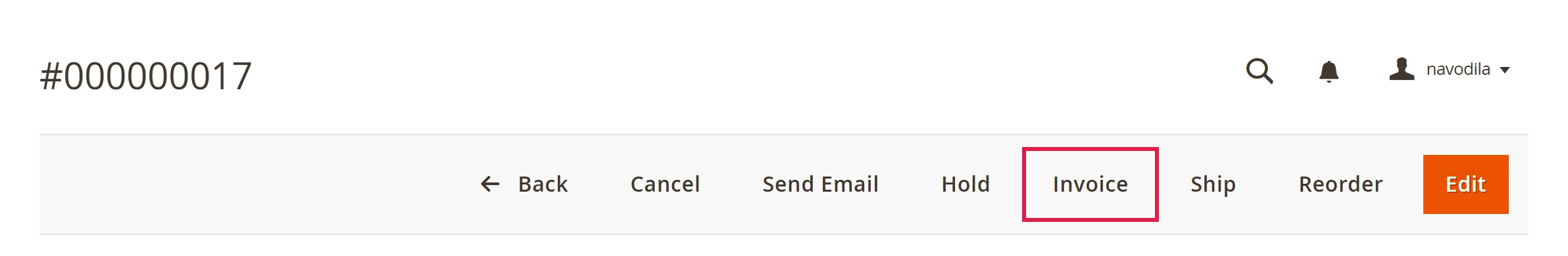 Button bar above the order with the Invoice button