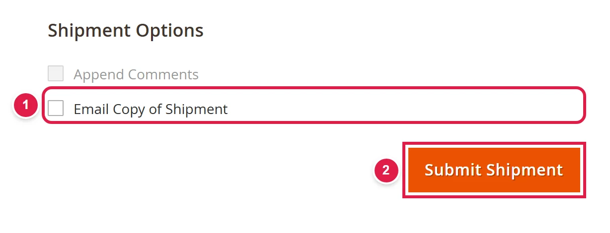 Bottom of the shipment page: email tick box and the Submit Shipment button