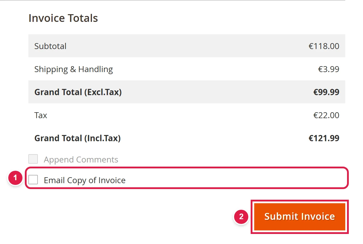 Bottom of the invoice page: totals, email tick box and the Submit Invoice button