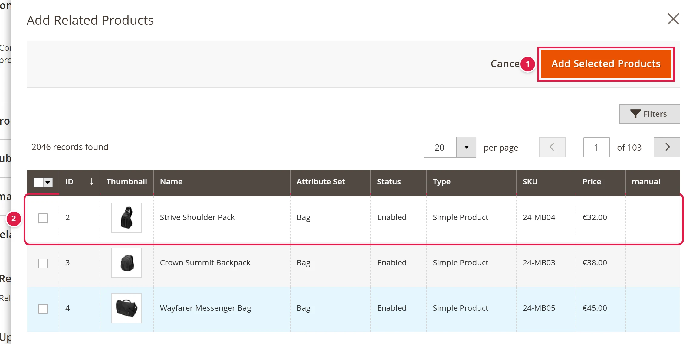 The product selection window with checkboxes and the Add Selected Products button