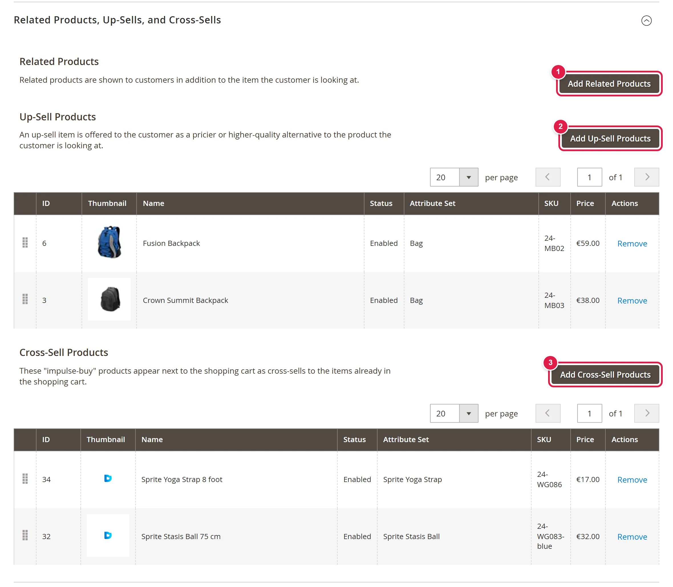The section with three lists and buttons for adding products
