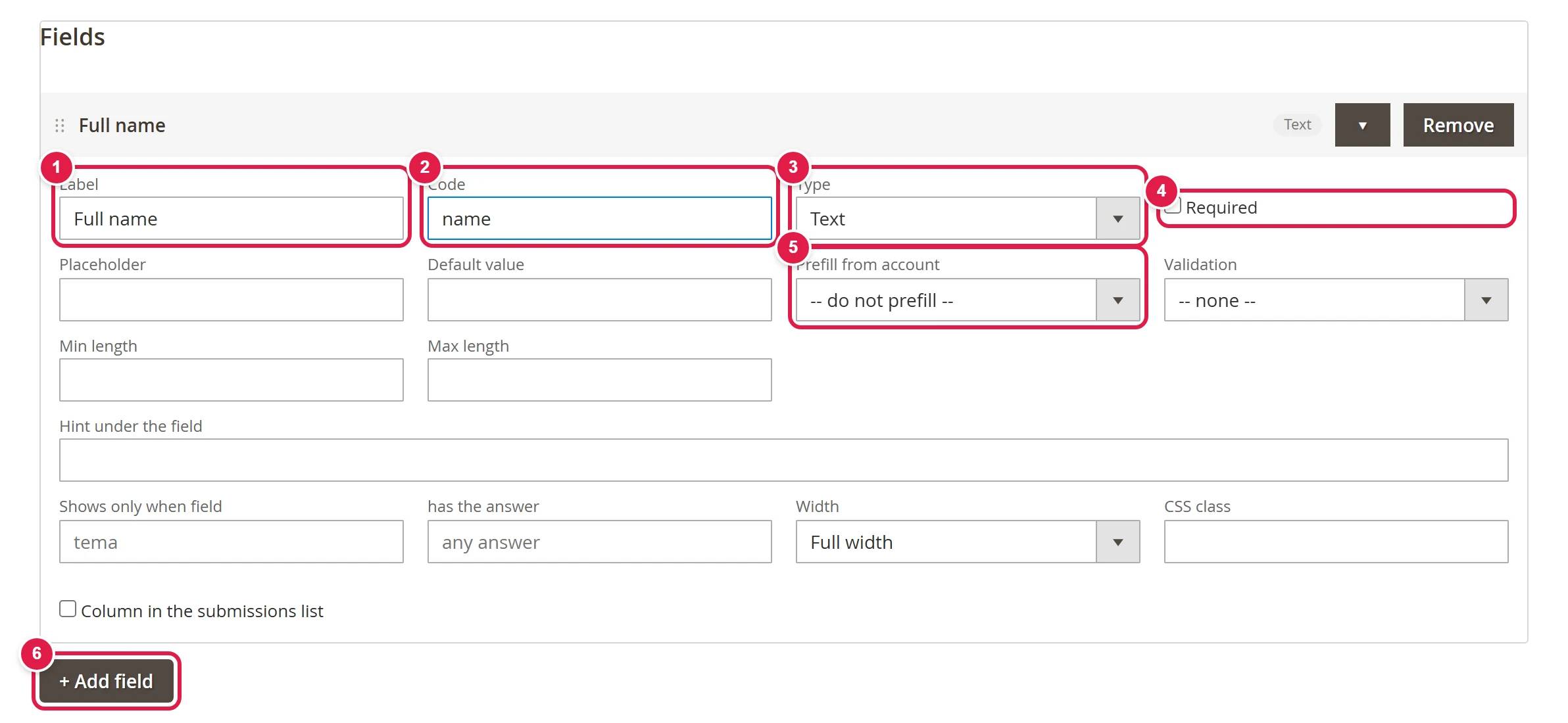 The Fields section with an expanded field row and the Add field button