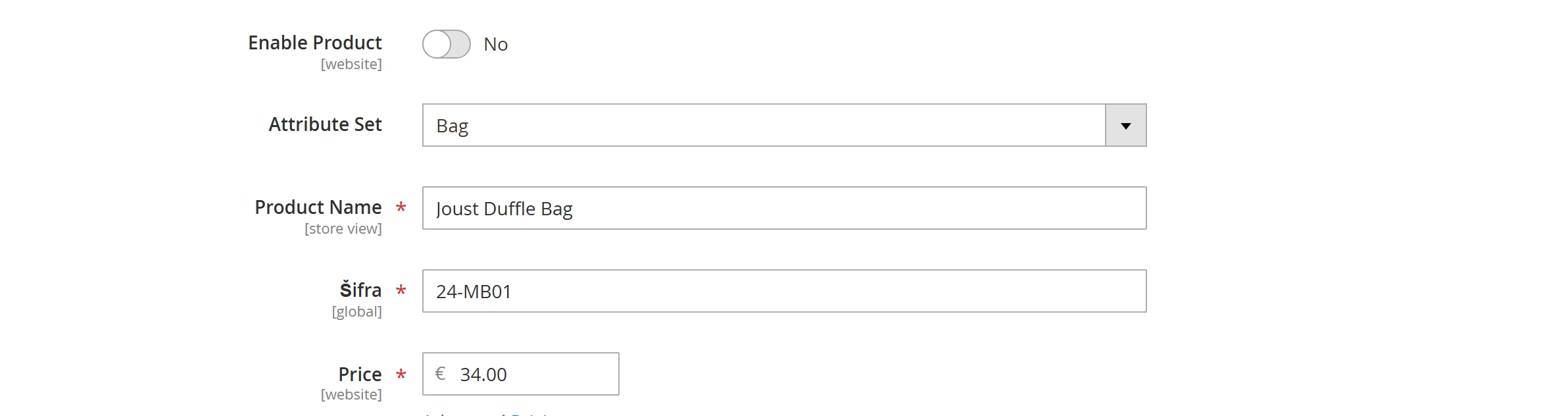 Product fields with scope labels below the field names