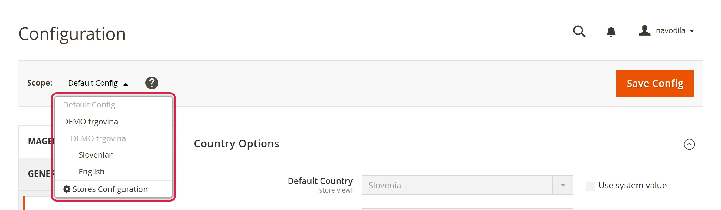 The scope switcher open on a configuration page with Default Config, the website and the store views