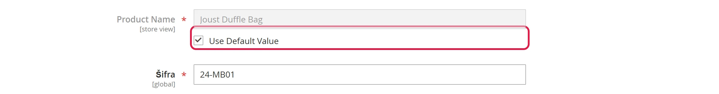 The product name field in a store view with the Use Default Value checkbox