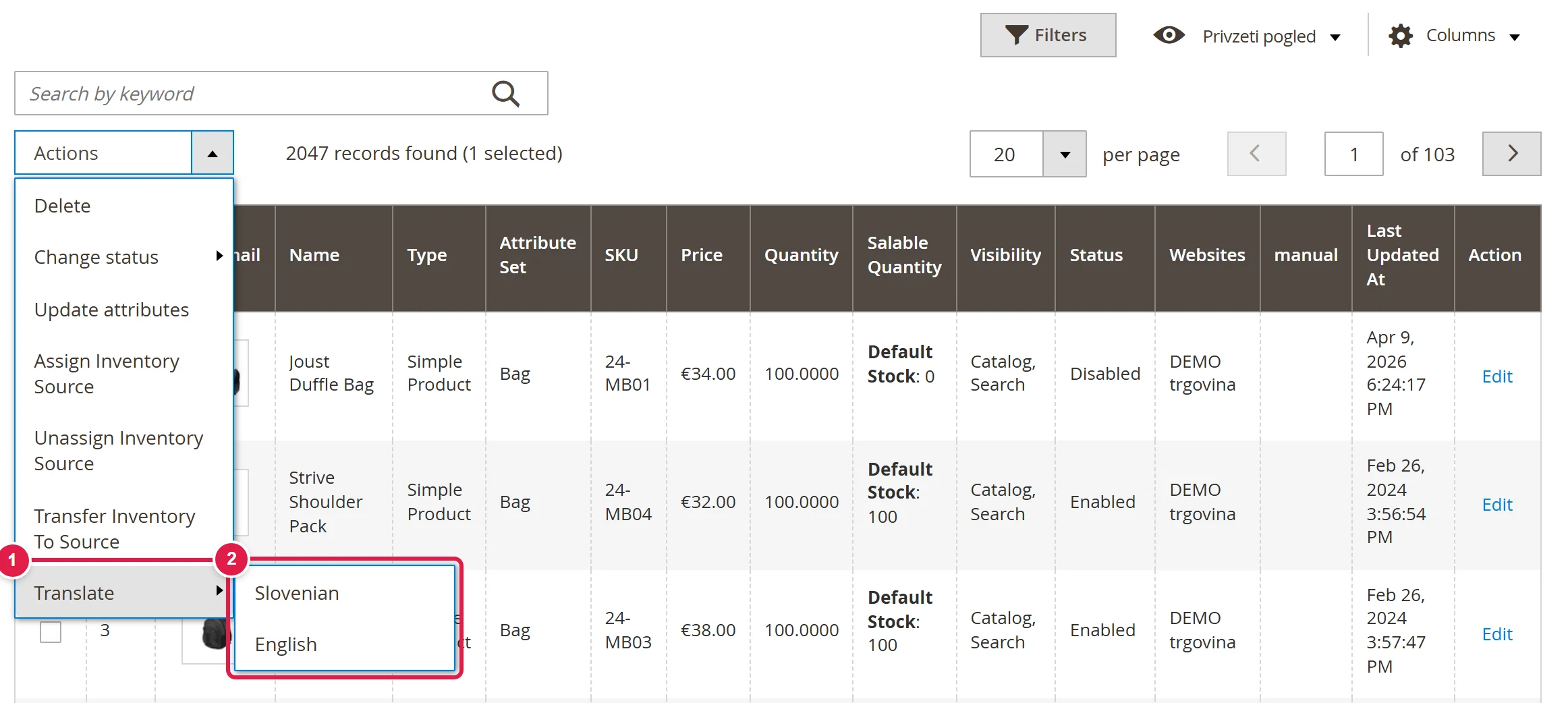 Actions drop-down in the product list with the Translate item and a submenu of languages
