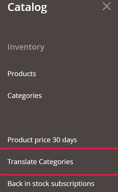 Catalog menu with the Translate Categories item highlighted