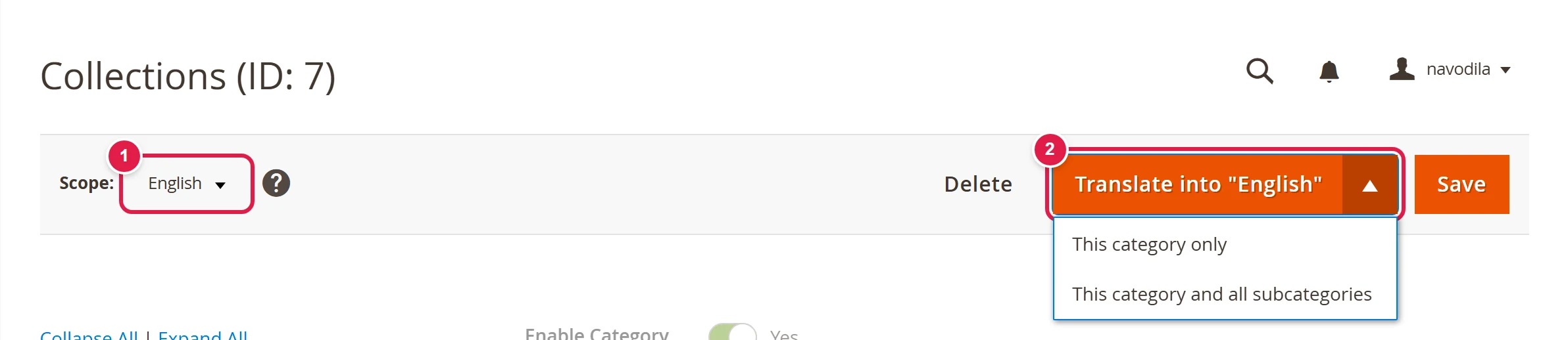Category edit header with a store view selected and the Translate into "English" button