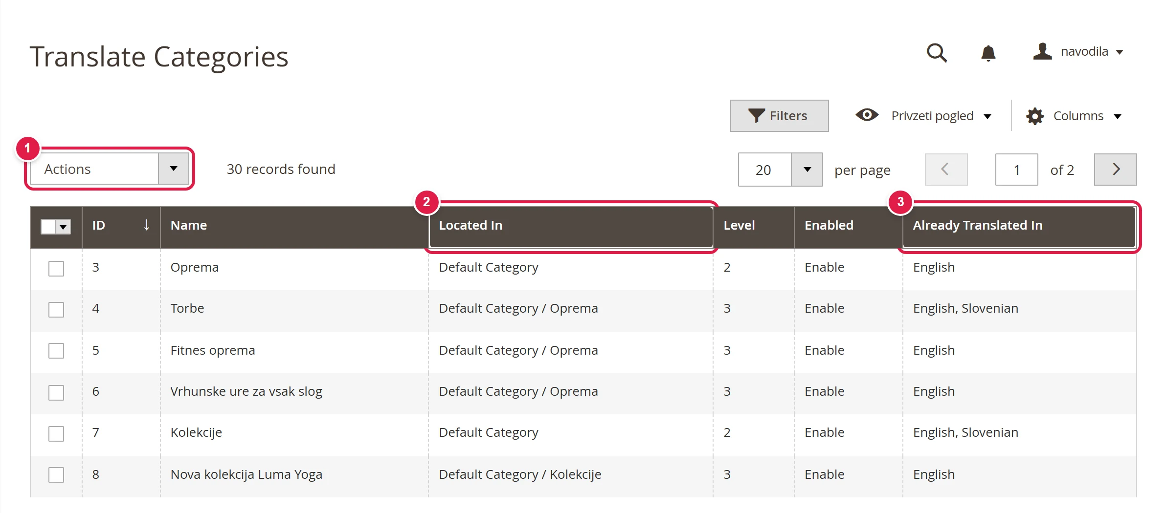 Translate Categories list with the Located In and Already Translated In columns