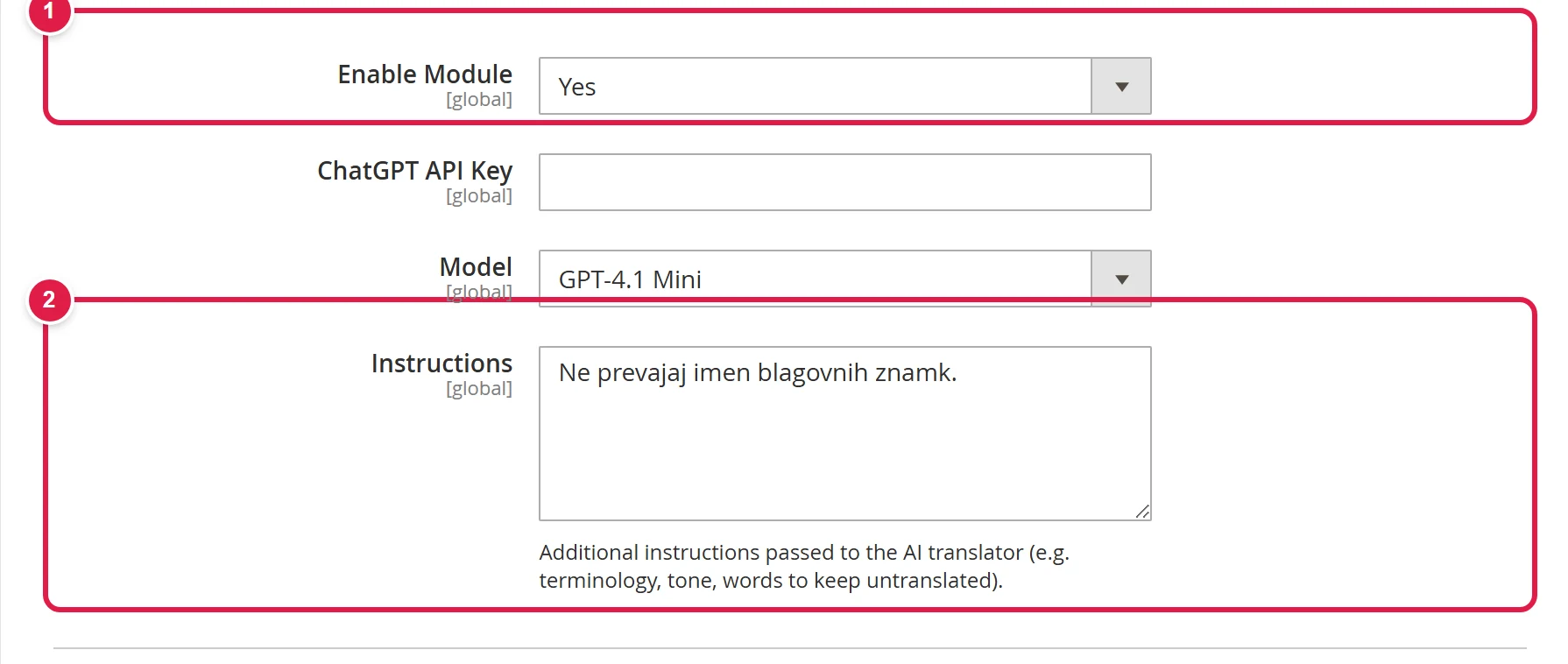 General translation settings with the module enabled and the Instructions field