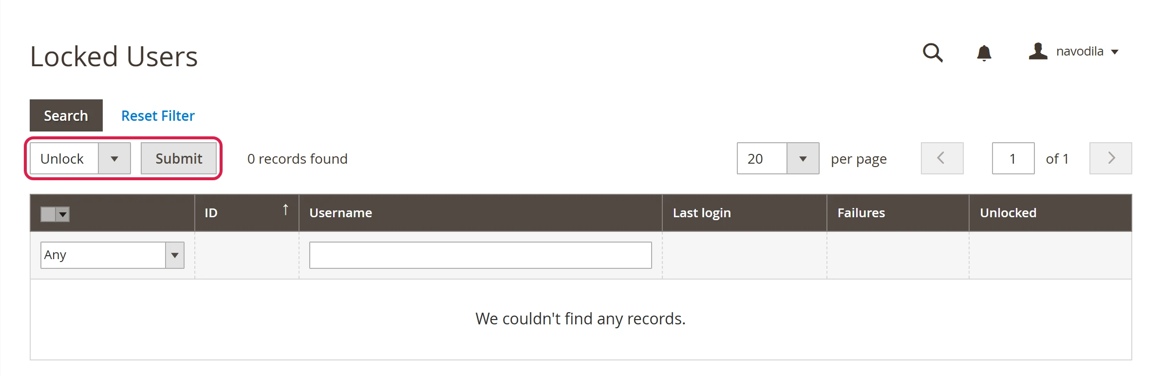 Locked Users list with the Unlock action
