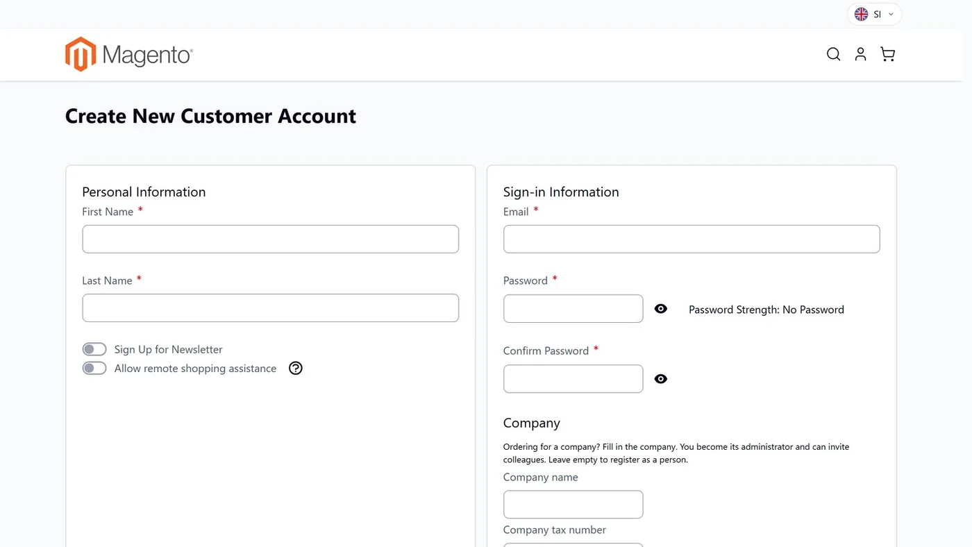 Registration with the optional company fields