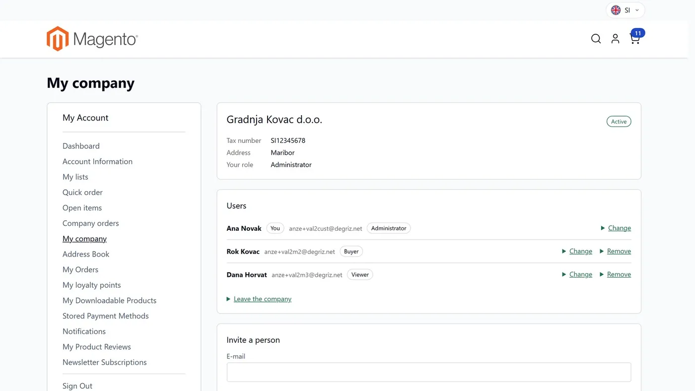 My company: details, users with roles and an invite form