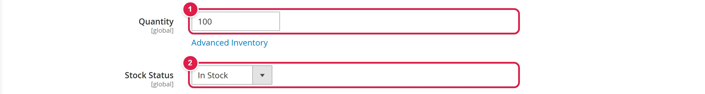 Quantity and Stock Status fields in the product form