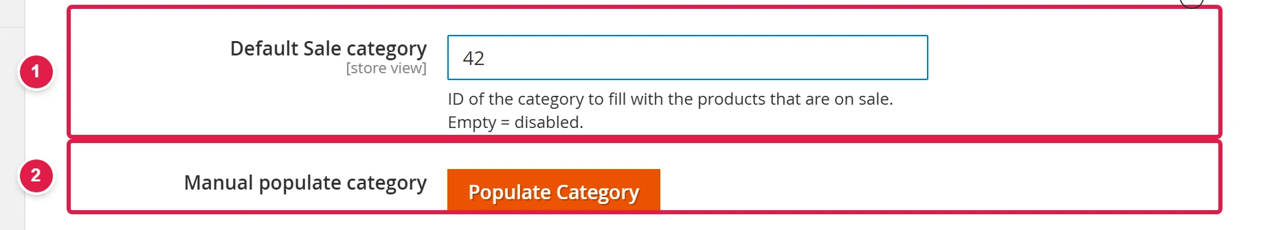 Sale category settings with the category number and the Populate Category button