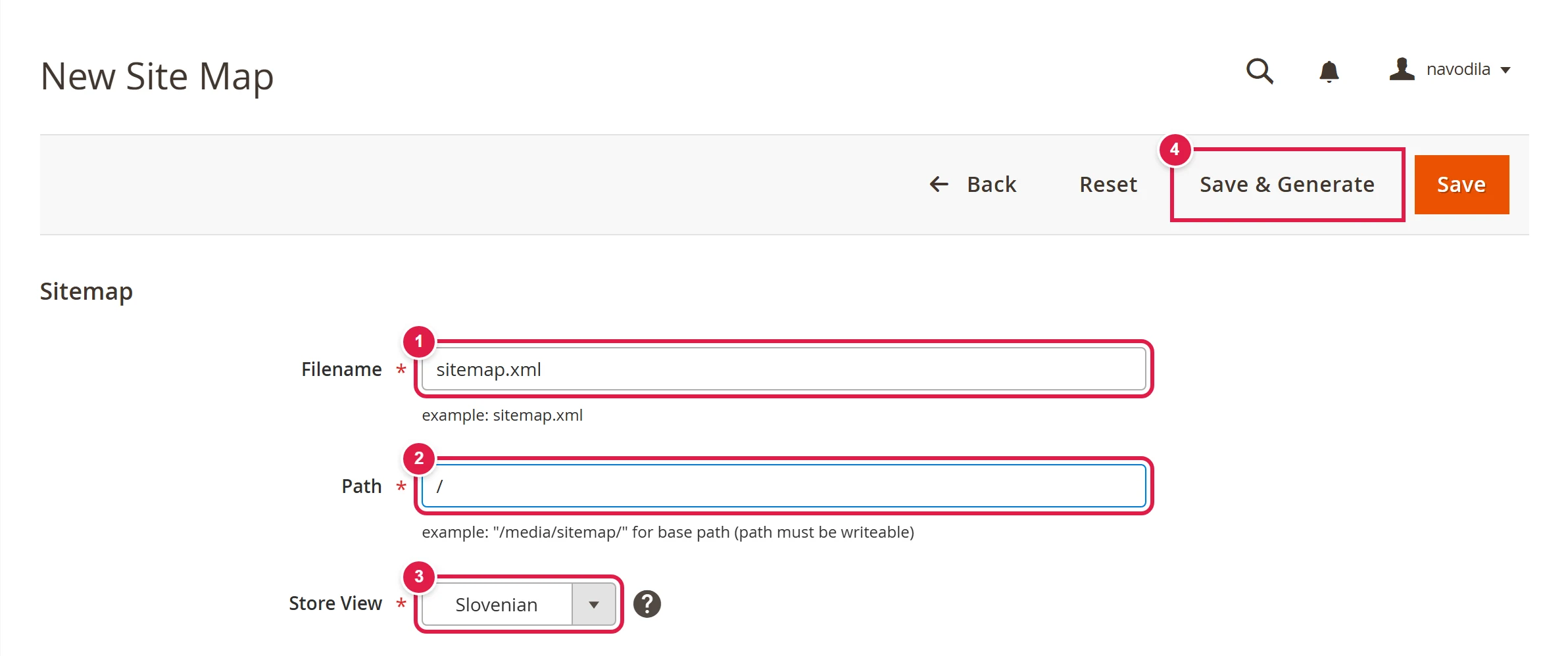 The new sitemap form with the filename, path and store view