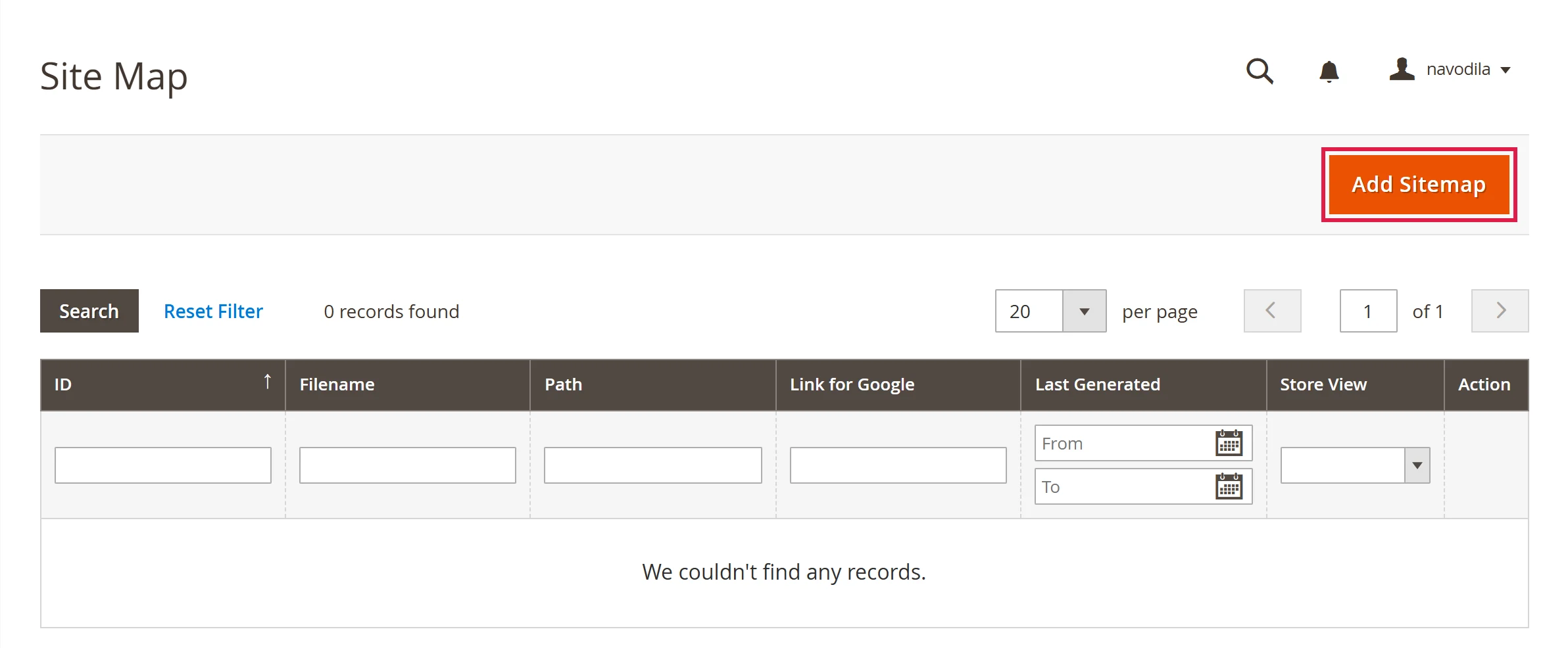 The list of sitemaps with the Add Sitemap button
